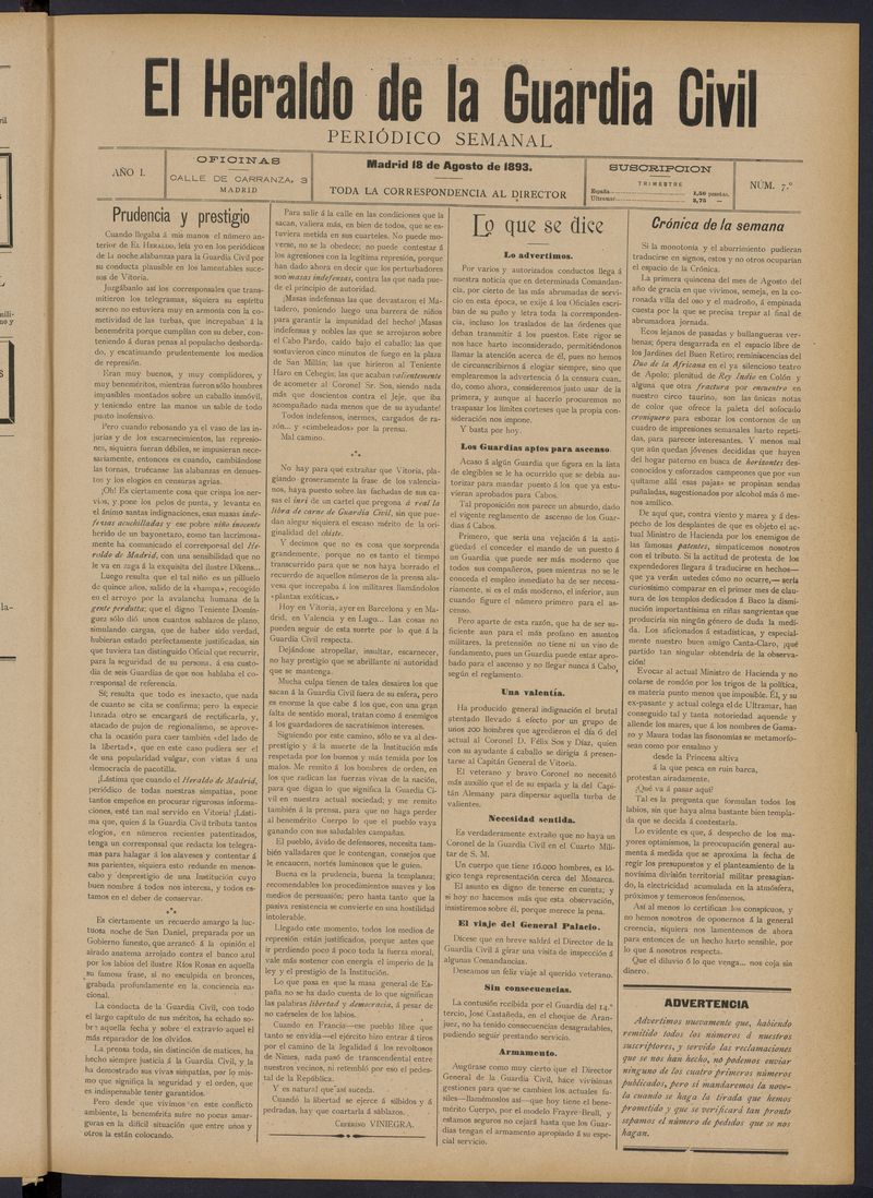 Heraldo de la Guardia Civil del 18 de agosto de 1893