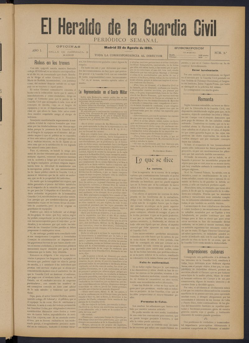 Heraldo de la Guardia Civil del 25 de agosto de 1893