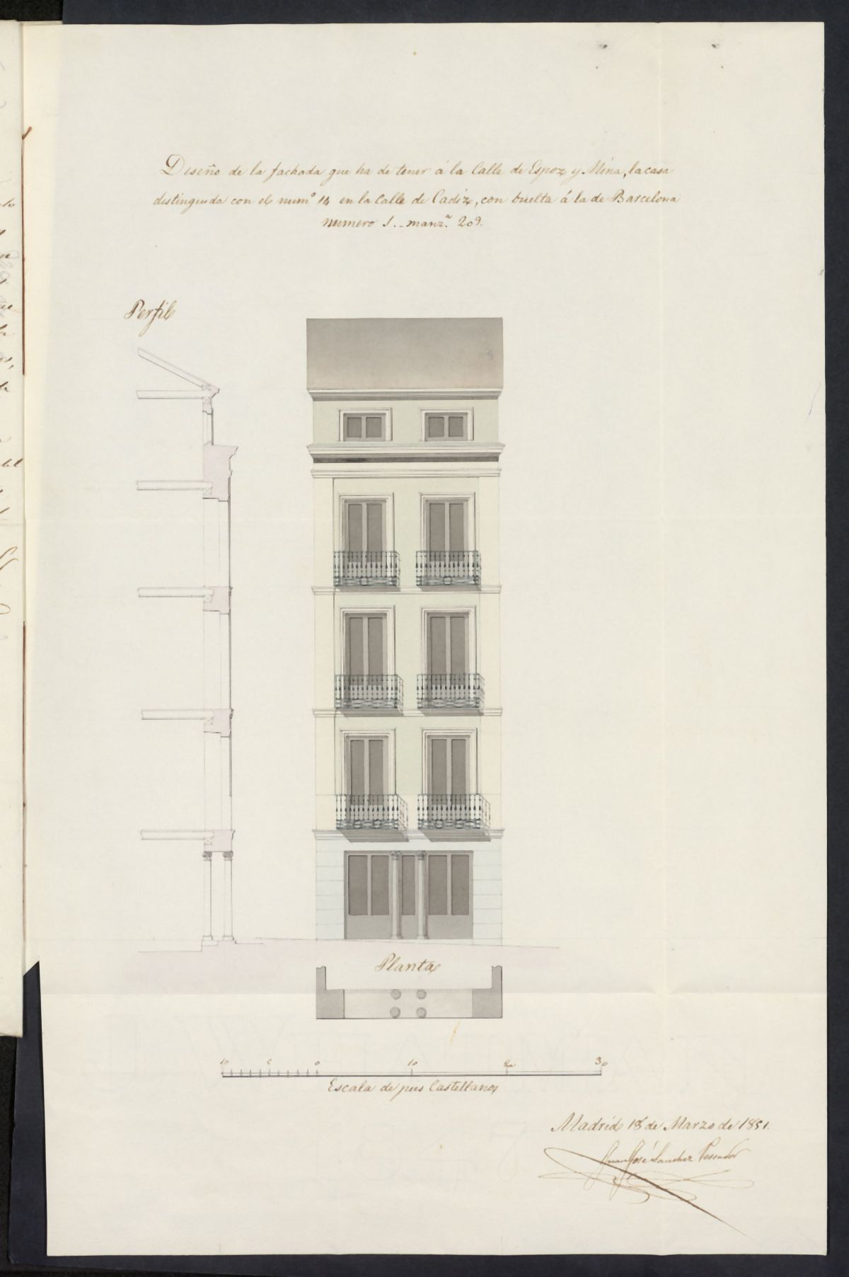 Licencia concedida a Don Fernando Carrillo para construir la fachada a la calle de Espoz y Mina de la casa número 14 de la calle Cádiz, con vuelta a la de Barcelona, 1