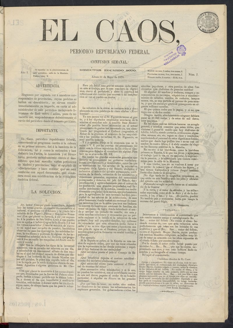 El Caos: confusin semanal del 16 de mayo de 1870
