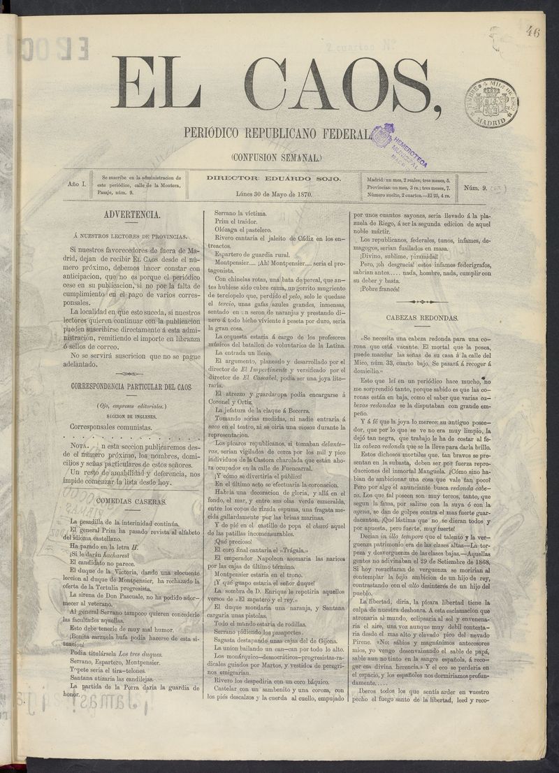 El Caos: confusin semanal del 30 de mayo de 1870