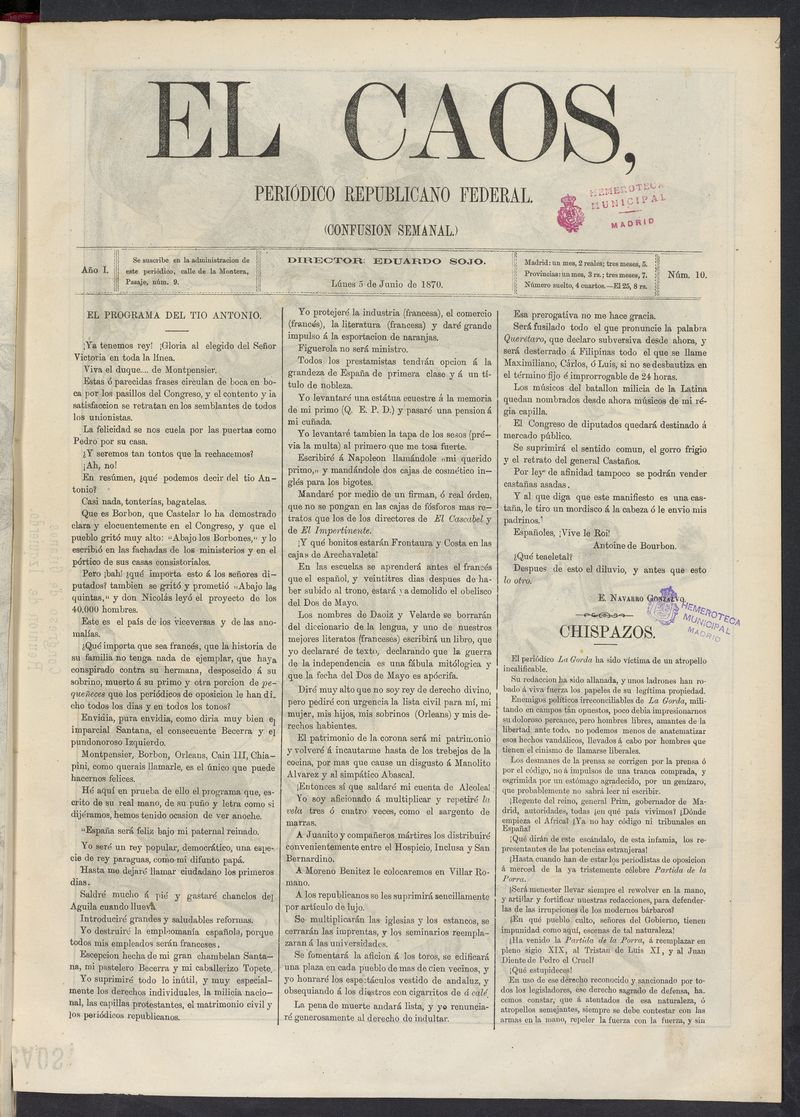 El Caos: confusin semanal del 5 de junio de 1870