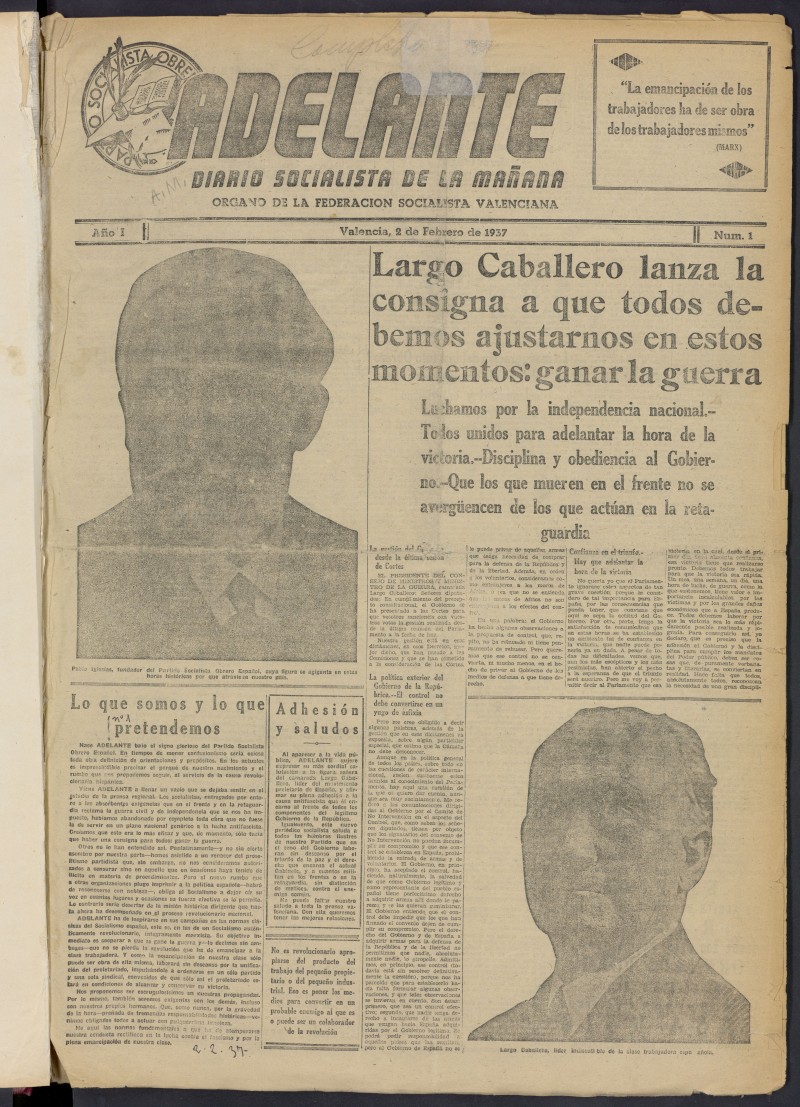 Adelante: diario socialista de la maana del 2 de febrero de 1937