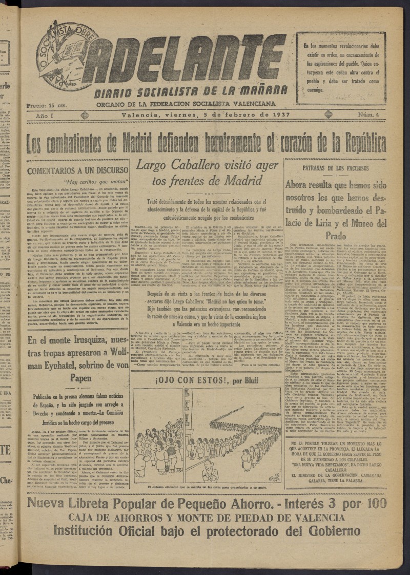 Adelante: diario socialista de la maana del 5 de febrero de 1937