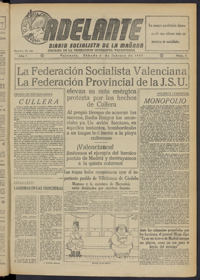 Adelante: diario socialista de la maana del 6 de febrero de 1937