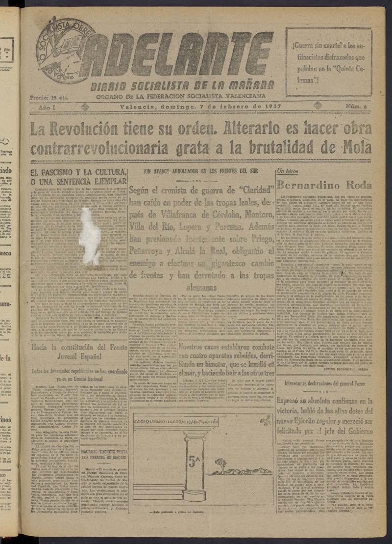 Adelante: diario socialista de la maana del 7 de febrero de 1937
