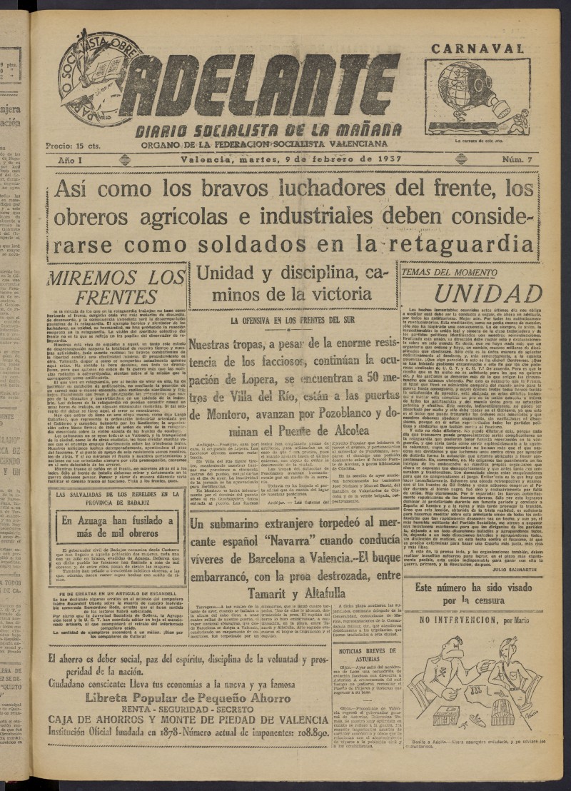 Adelante: diario socialista de la maana del 9 de febrero de 1937
