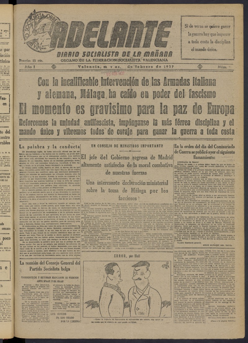 Adelante: diario socialista de la maana del 10 de febrero de 1937