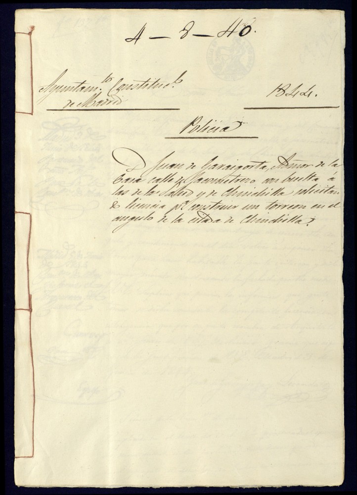 Don Juan de Garaigorta, Administrador de la casa de la calle de Jacometrezo con vuelta a las de la Salud y Chinchilla, solicitando licencia para construir un torren en el ngulo de la citada de Chinchilla, nmero 17