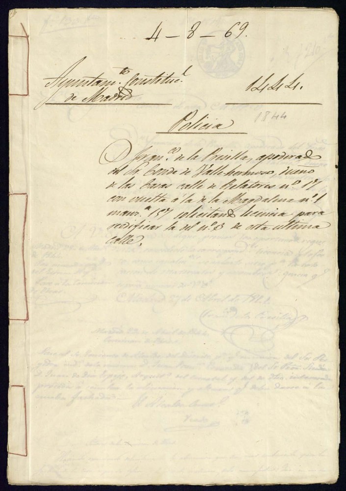 Don Francisco de la Presilla, apoderado del Seor Conde de Vallehermoso, dueo de las casas de la calle de Relatores, 17 con vuelta a la de la Magdalena, 3 manzana 157, solicitando licencia para reedificar la del nmero de esta ltima calle.