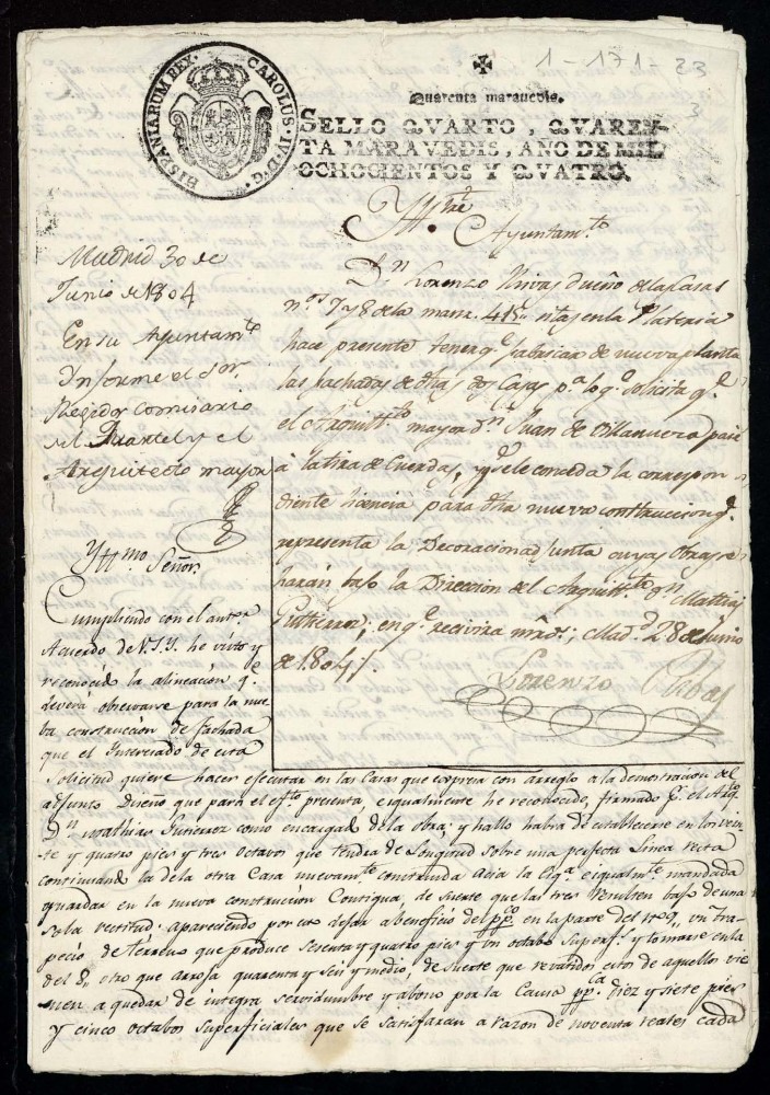 Licencia a Don Lorenzo Ribas para reedificar la fachada de la casa en la calle de las Plateras (hoy Mayor) 7 y 8 antiguo, manzana 415