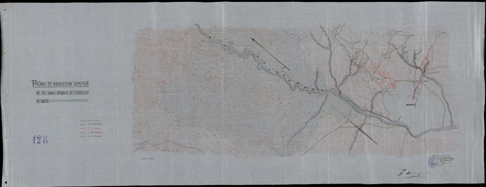 Plano de situacin general de los viajes antiguos de conduccin de aguas: Alcubilla, Fuente la Reina, La Castellana, Bajo Abroigal, Alto Abroigal. 30-abril-1910