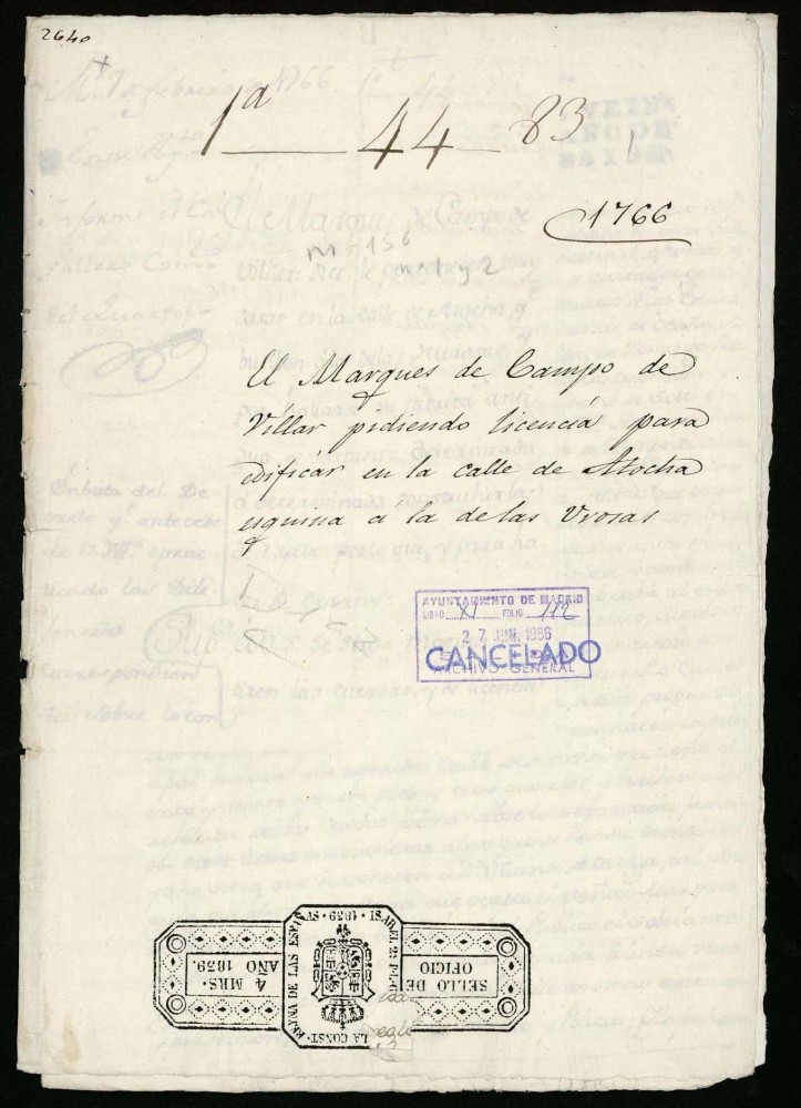 Licencia al marqués del Campo de Villar para edificar en la Calle de Atocha a la de las Rosas