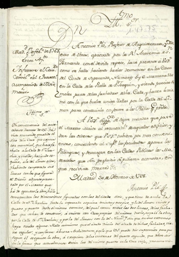 Licencia al Conde de Superunda para reedificar unas casas en la calle de la Puebla (hoy San Bernardino) n 5 y 6, manzana 536
