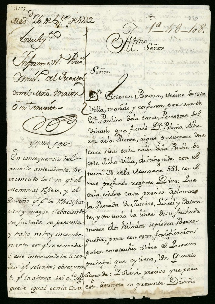 Licencia a Don Esteban Baena por Doa Paulina de la Cana para alzar piso 2 en la calle de la Puebla n 31, manzana 551 (hoy Fomento)