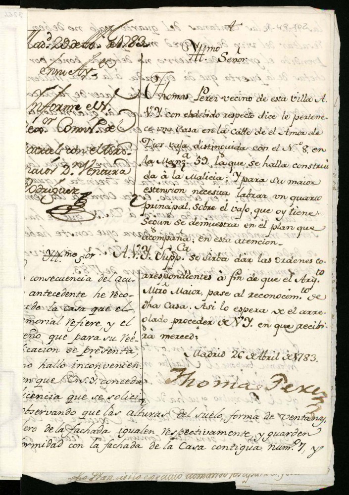 Licencia a Don Toms Prez para levantar piso principal en la casa n 8 manzana 59 calle del Amor de Dios baja (hoy Mesn de Paredes)