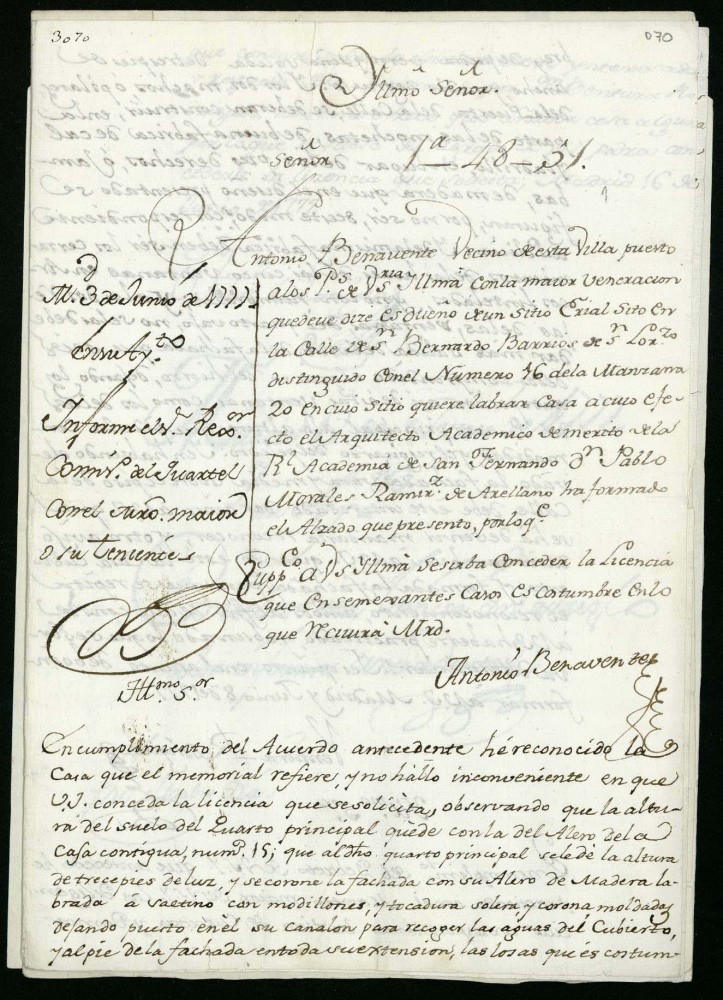 Licencia a Antonio Benavente para edificar en la Calle de Bernardo (hoy Salitre) n 16 manzana 20