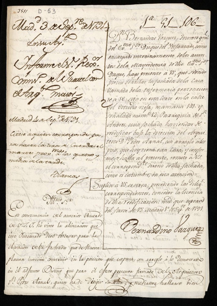 Licencia a Don Bernardino Vzquez por el Duque del Infantado para construir en la calle del Estudio Vieja n 12 manzana 141