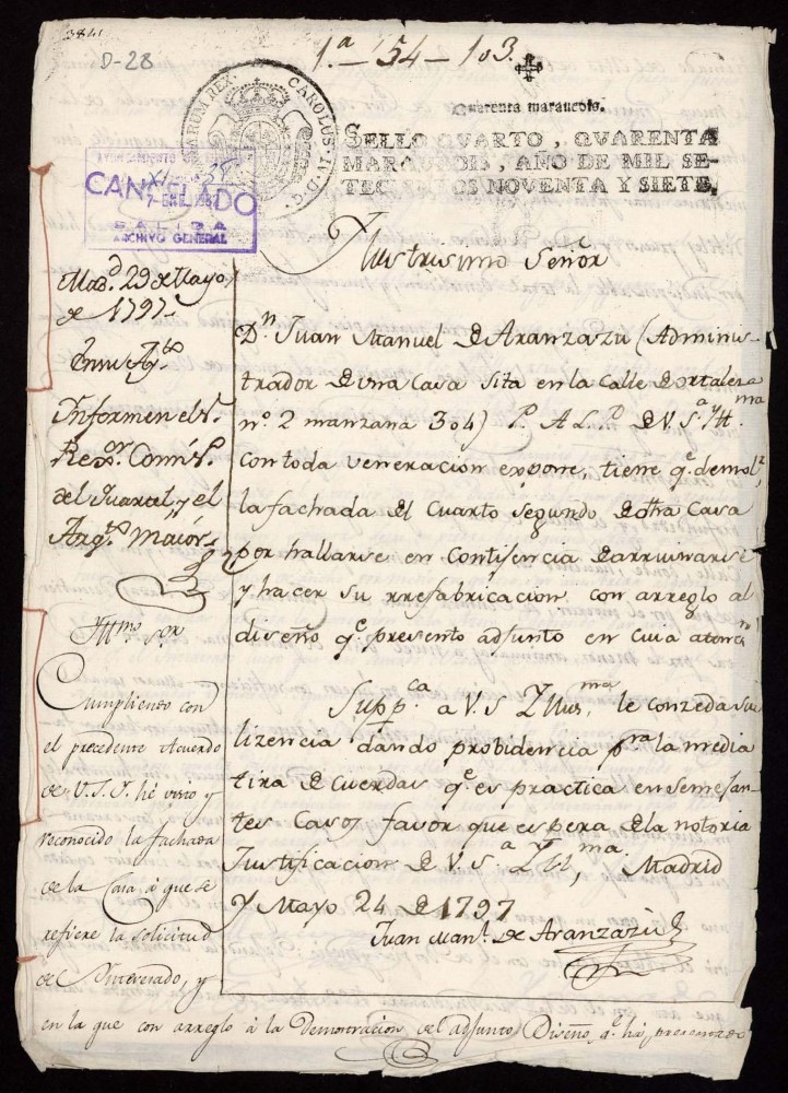 Licencia a Don Juan Manuel de Aranzazu para reedificar la fachada del cuarto 2 de la casa de la calle de Hortaleza n 2 antiguo, manzana 304