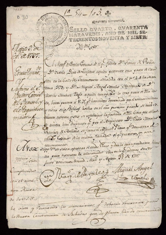 Licencia al marqus de Perales y Don Miguel Sancho para la construccin de la casa de la calle de Jacometrezo n 4, manzana 379