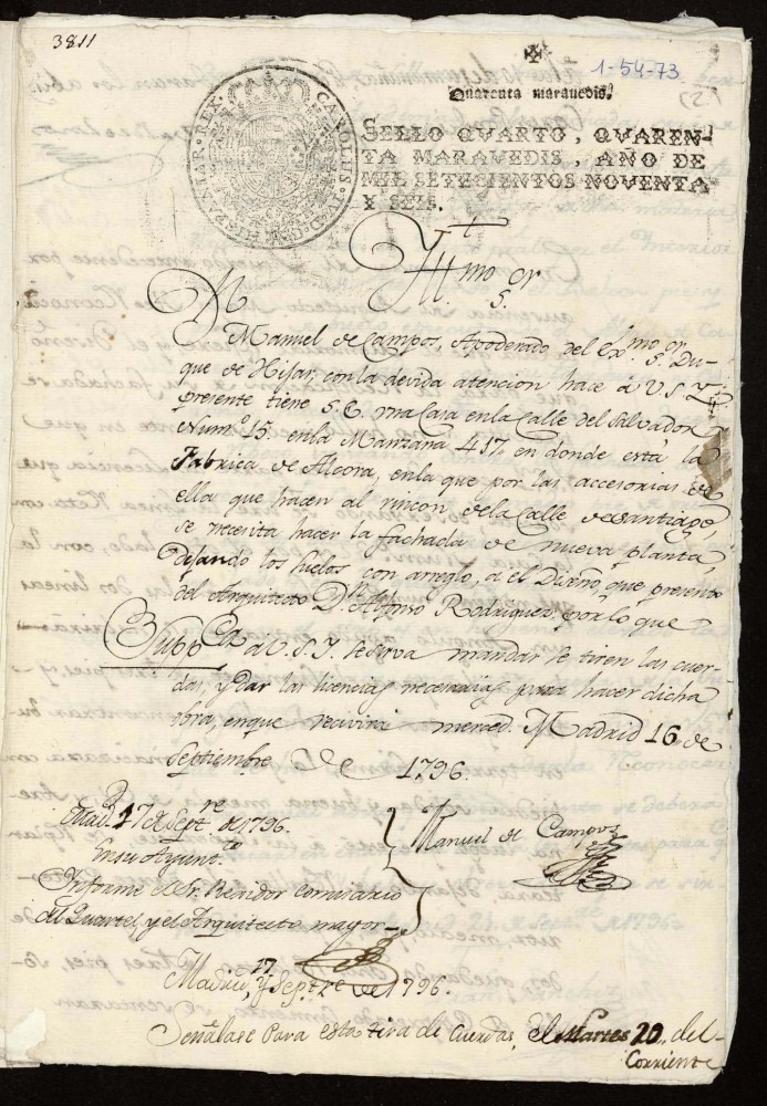 Licencia a Don Manuel de Campos, apoderado del Exmo. Sr. Duque de Hijar para reedificar la fachada de su casa en la calle de Luzn y Santiago n 15 antiguo manzana 417
