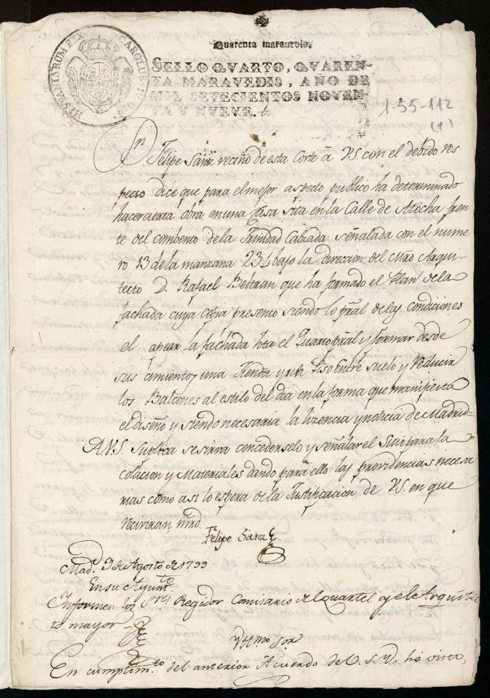 Licencia a Don Felipe Sanz para la construccin de la fachada de la casa en la calle de Atocha n 13 antiguo, manzana 234