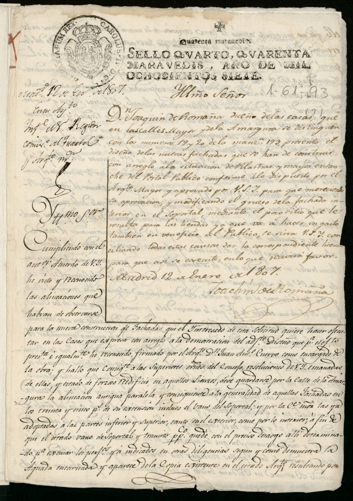Licencia a Don Joaqun de Romaa para construir la fachada de la casa en la calle Mayor y Amargura n 19 y 20 aniguo, manzana 193
