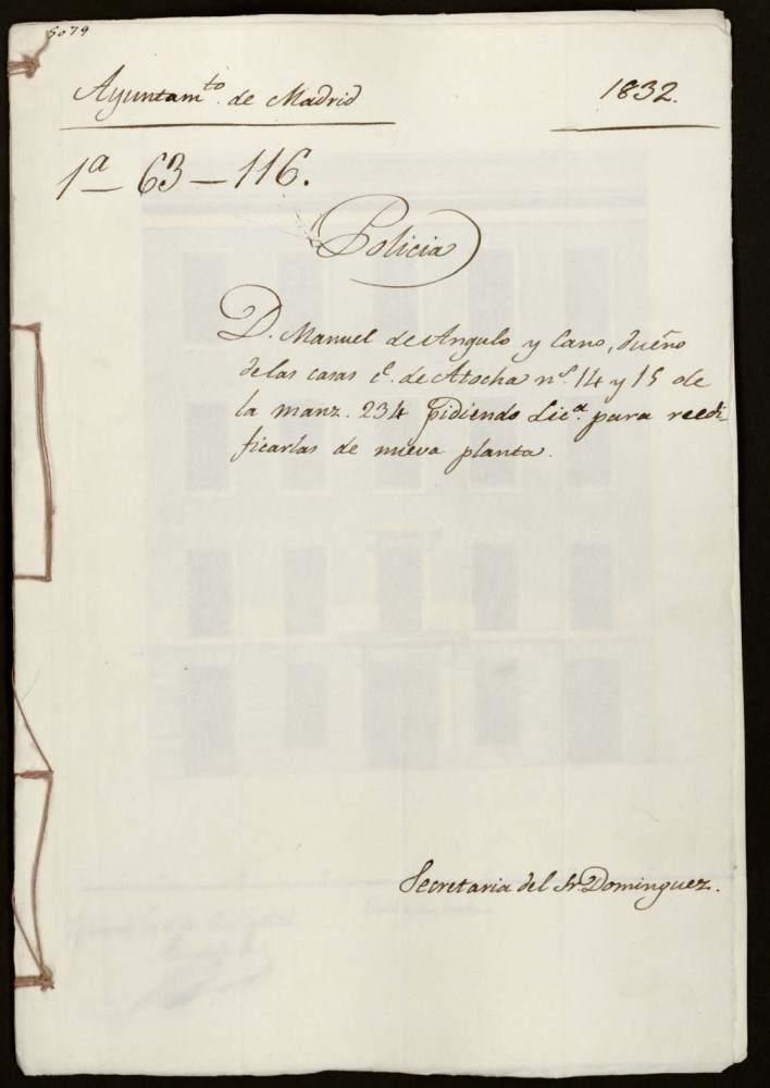 Don Mnauel del ngulo y Cano, dueo de las casas de la calle de Atocha, 14 y 15 de la manzana 234 pidiendo licencia para reedificarlas de nueva planta.