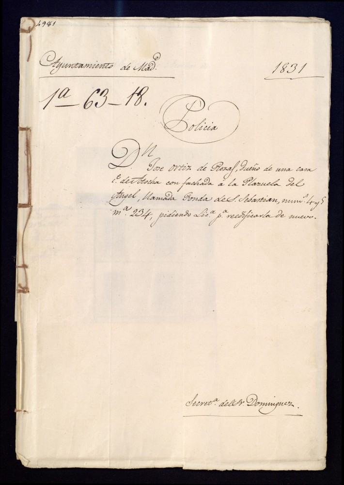 Don Jos Ortiz de Rozas, dueo de una casa de la calle de Atocha con fachada a la Plazuela del ngel llamada Ronda de San Sebastin, nmero 4 y 5, manzana 234, pidiendo licencia para recodificarla de nuevo