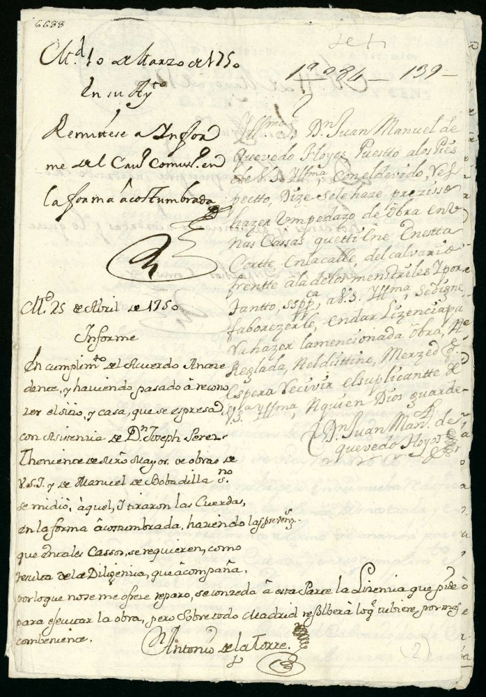 Licencia a Don Juan Manuel de Quevedo, para obrar en la Calle del Calvario frente a la de Ministriles.