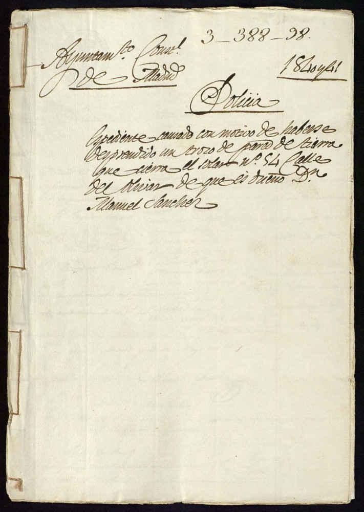 Expediente causado con motivo de haberse desprendido un trozo de pared de tierra que cierra el solar nmero 54 en la calle del Olivar de que es dueo don Manuel Snchez.