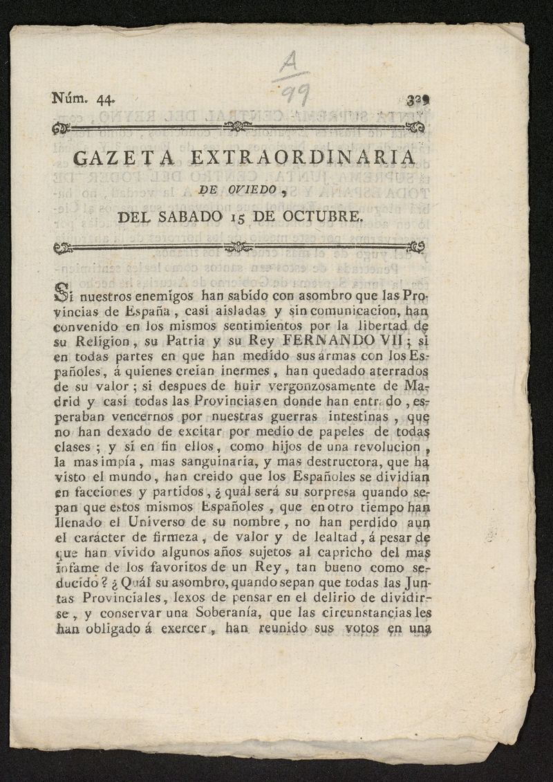 Gazeta de Oviedo del 15 de octubre de 1808