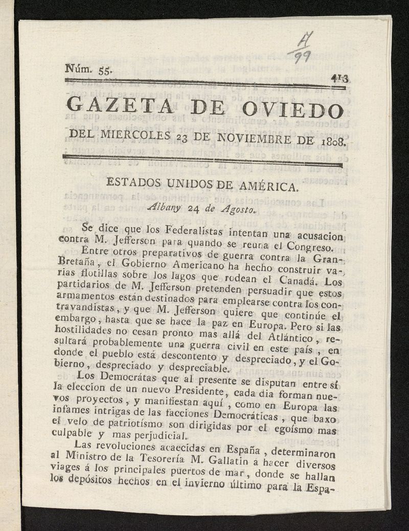 Gazeta de Oviedo del 23 de noviembre de 1808