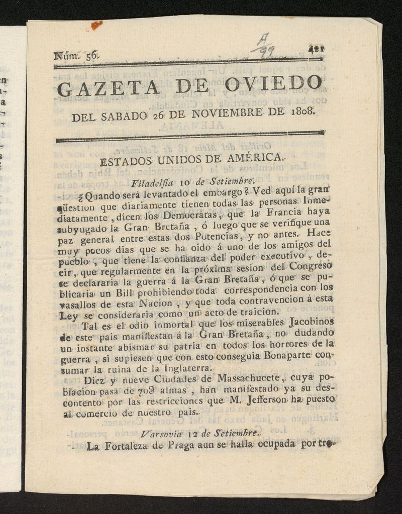 Gazeta de Oviedo del 26 de noviembre de 1808