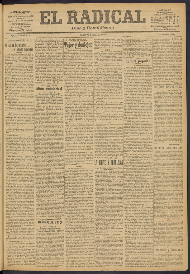 El Radical: diario republicano del 13 de marzo de 1910
