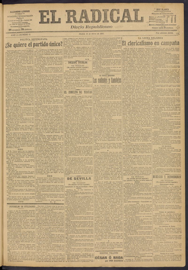 El Radical: diario republicano del 14 de marzo de 1910