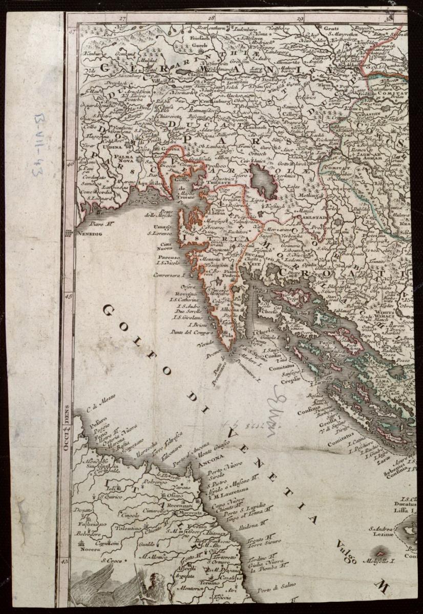 Fragmento de mapa: Nova et accurata tabula regnorum et provinciarum Dalmatiae, Croatiae, Scalvoniae, Bosniae, Serviae, Istriae et rep. Ragusanae. 
