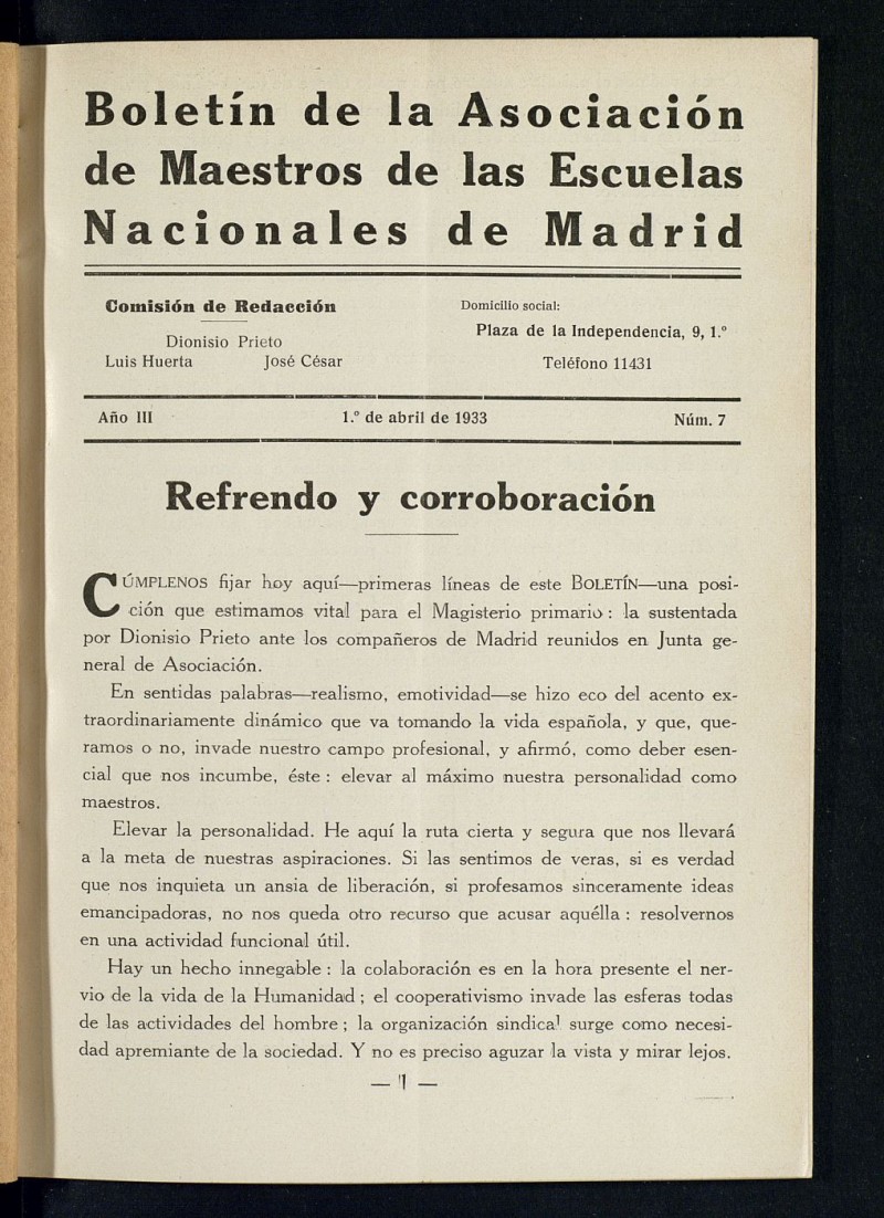 Boletn de la Asociacin de Maestros de las Escuelas Nacionales de Madrid de abril de 1933