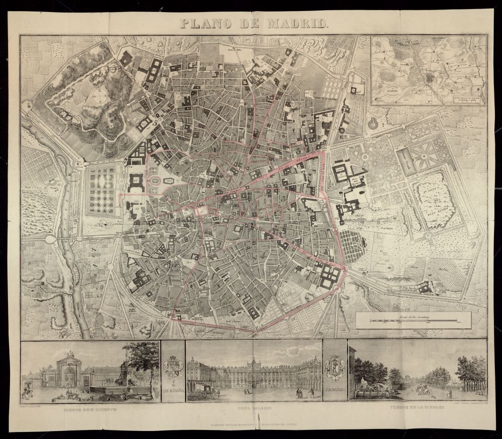 Plano de la Ciudad de Madrid con detalle de la Puerta de San Vicente, Real Palacio, Fuente de Cibeles
