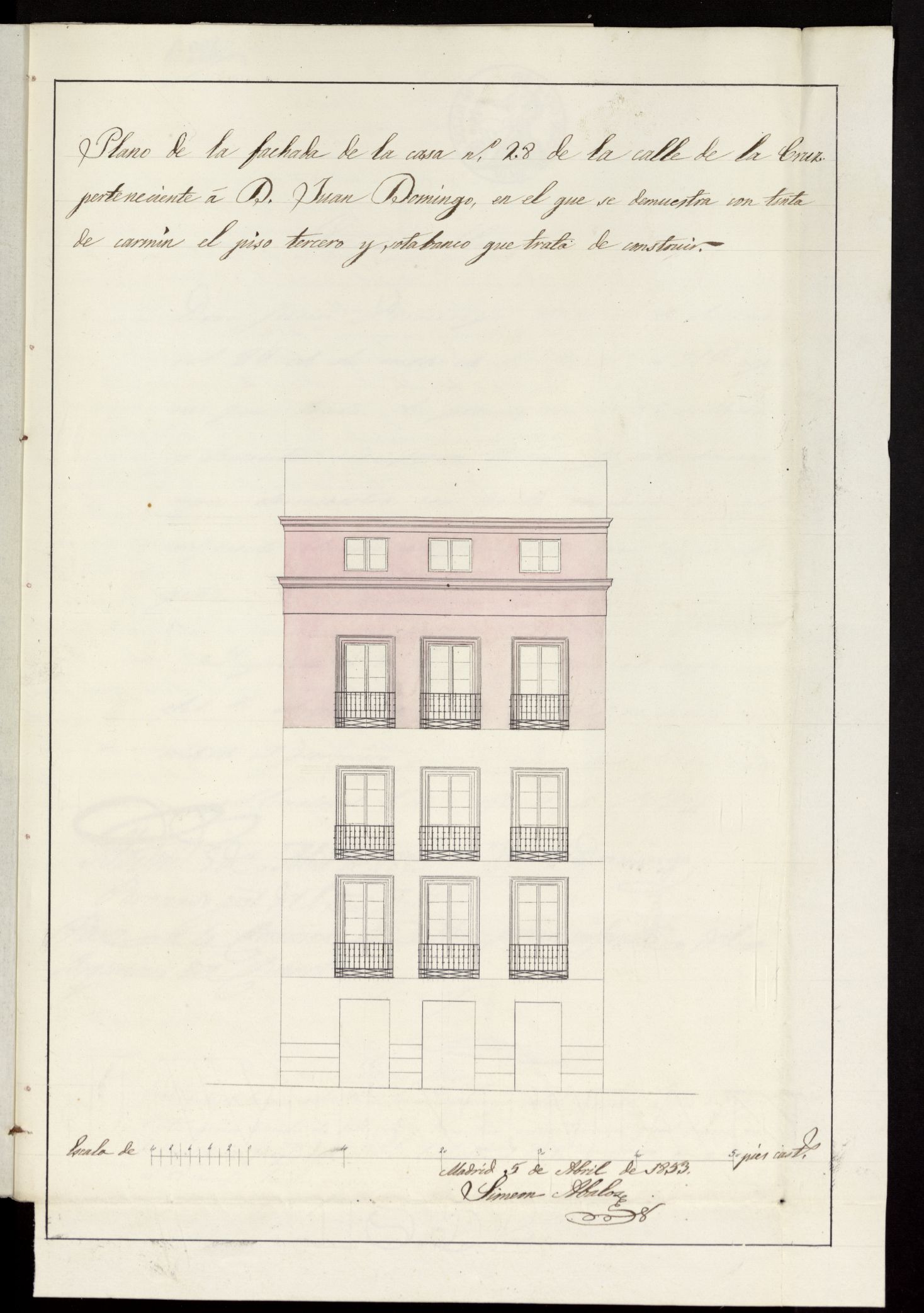 D. Juan Domingo, licencia para hacer obras en la fachada de la casa calle de la Cruz n 28 y levantar un piso 3 sotabanco. (1853)