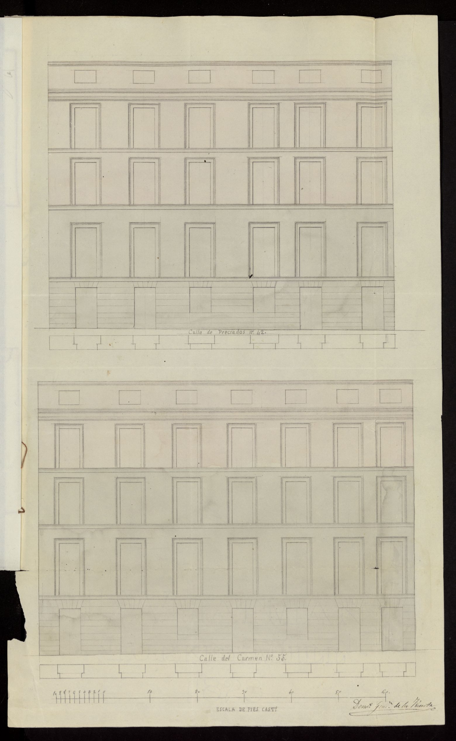 Licencia a D. Jos Holffmeyer, para aumentar en la casa de su propiedad un piso y sotabanco por la calle del Carmen n 55 y 2 y 3 y sotabanco por la de Preciados n 40. (1853)