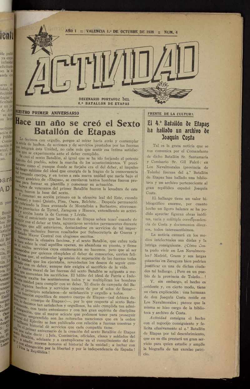 Actividad (Valencia. 1938) del 1 de octubre de 1938