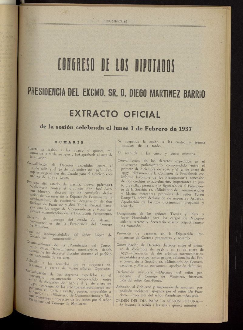 Boletn del Congreso de los Diputados del 1 de febrero de 1937