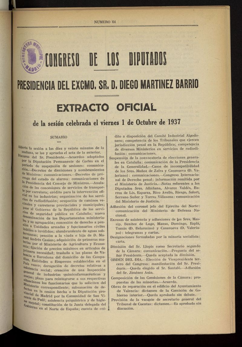 Boletn del Congreso de los Diputados del 1 de octubre de 1937