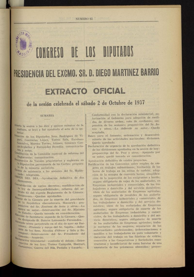 Boletn del Congreso de los Diputados del 2 de octubre de 1937