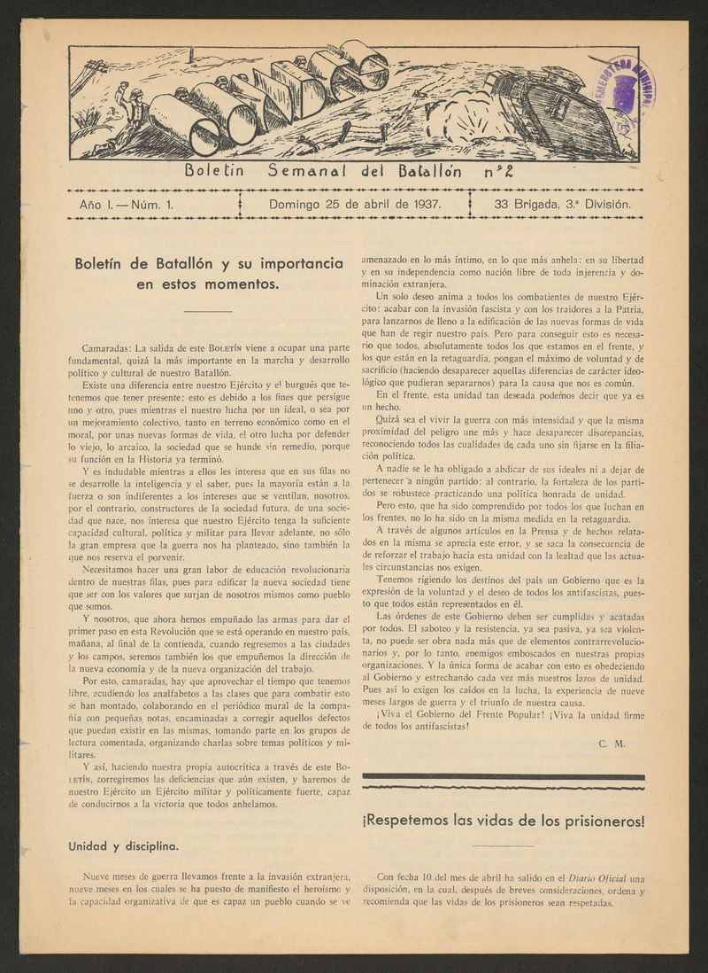 Condes: boletn semanal del Batalln n.2 del 25 de abril de 1937