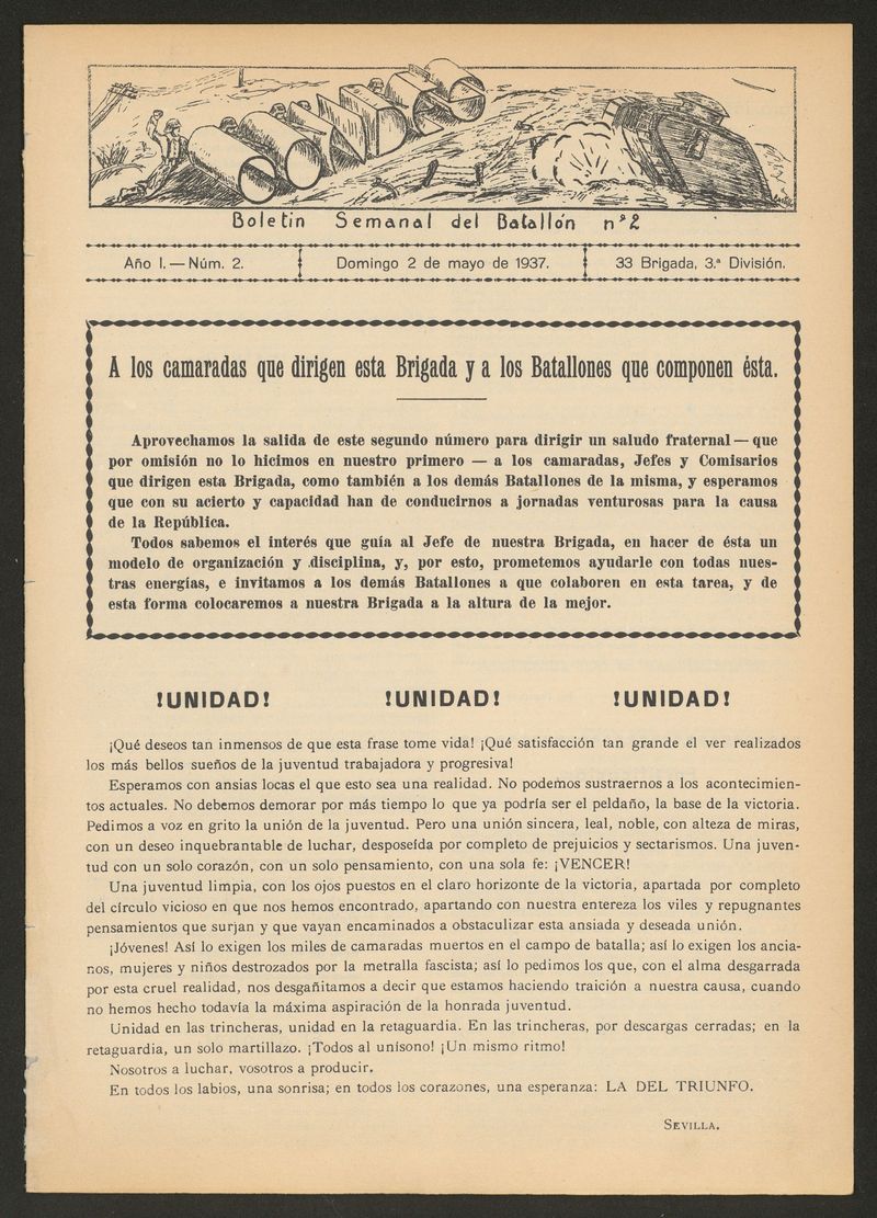 Condes: boletn semanal del Batalln n.2 del 2 de mayo de 1937