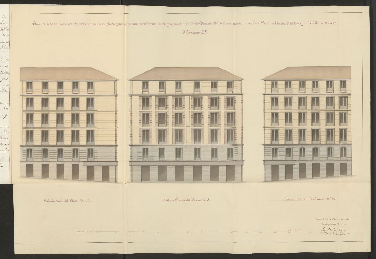 D. Manuel Alvarez de Linera, sobre construir dos casas en la plaza de Lavapiés nº 1 con vuelta a la calle del Olivar y Ave Mª. (1855)