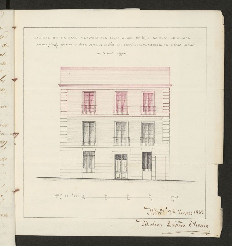 D. Antonio Tarqui, sobre permiso para construir un piso 2 y regularizar los huecos de la fachada de la casa travesa del Conde Duque, n 16. (1854)