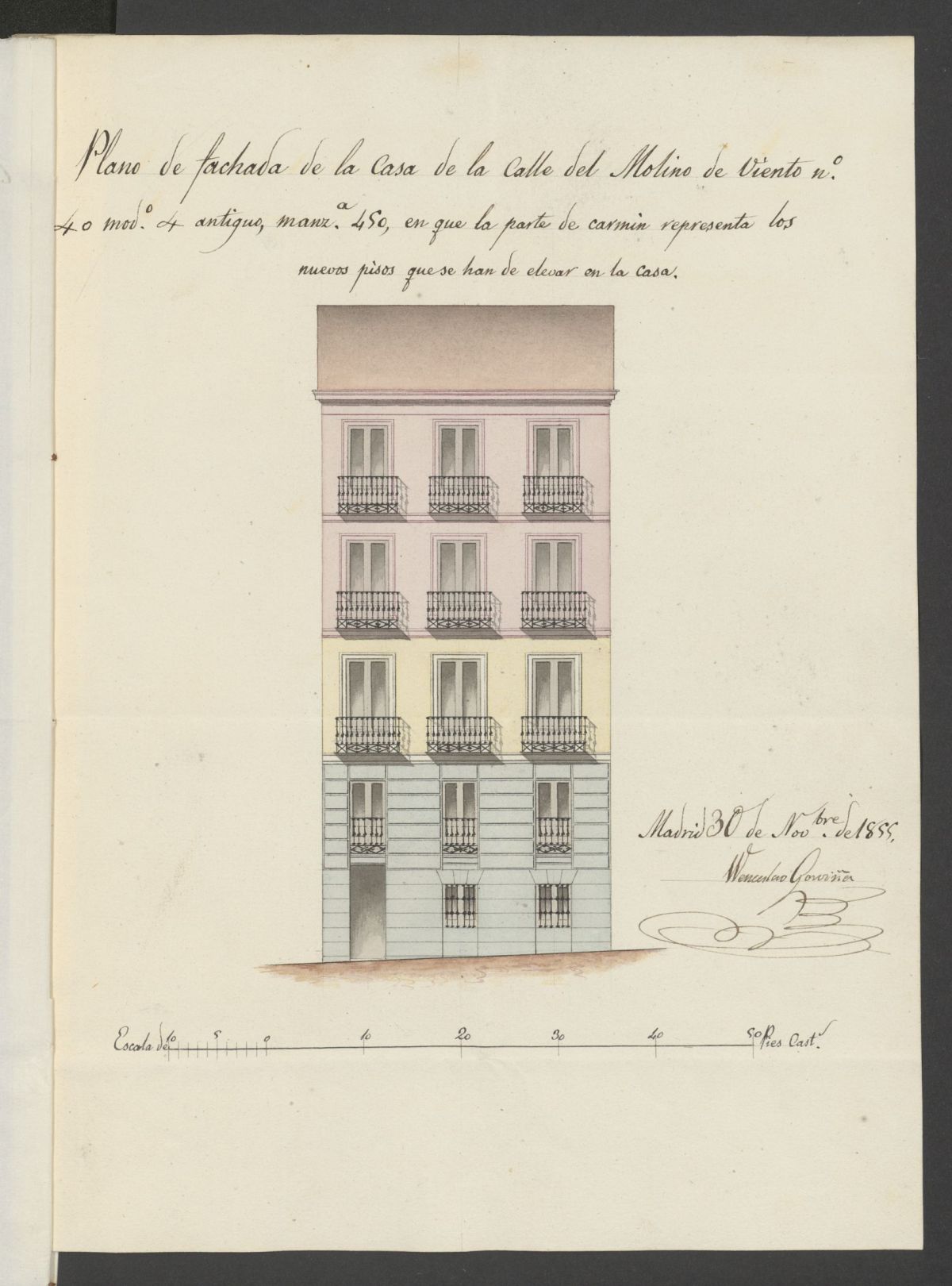 D. José de Aldagoro, sobre levantar dos pisos sobre una casa calle del Molino de Viento nº 40 moderno, manzana 450. (1855)